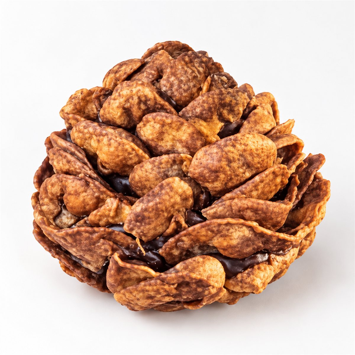 A handmade brown pinecone treat with overlapping curled flakes, photographed on white.