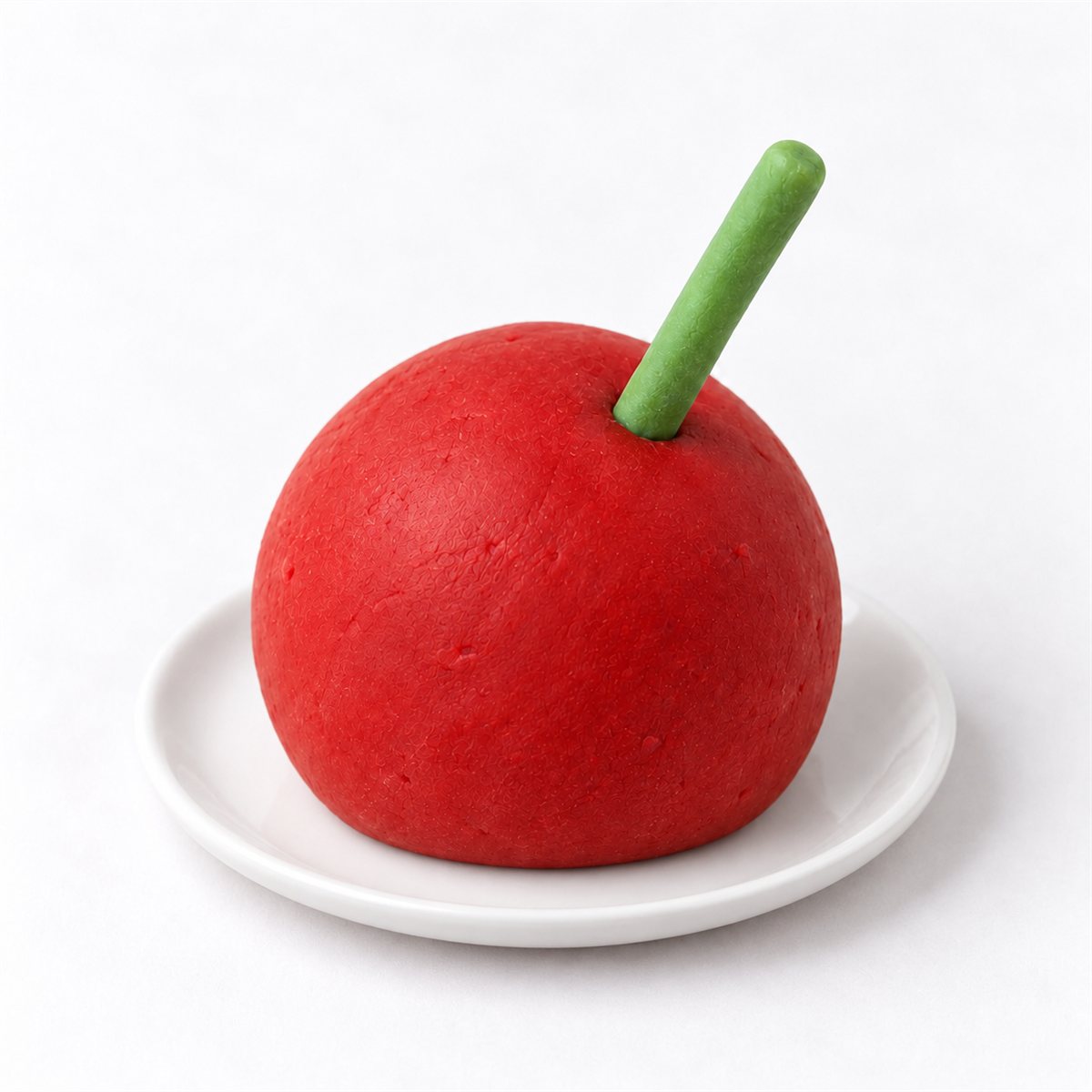 Concept image of a matte red round cherry-design pie with a green fondant-covered stick and a flat base on a small white plate.
